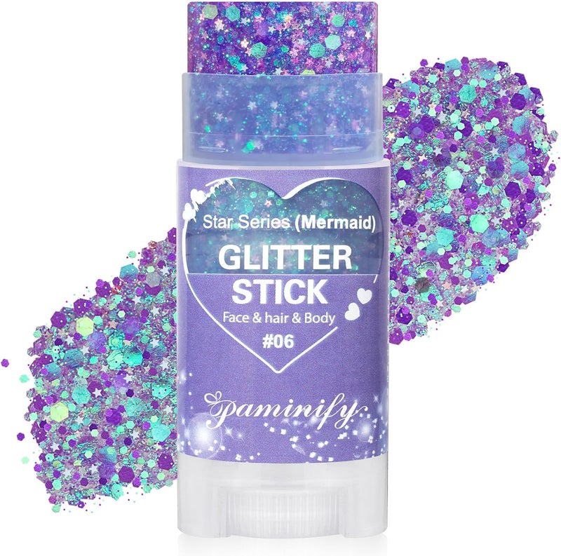 paminify Purple Hair Glitter Stick for Kids,Mardi Gras Outfit for Women,Waterproof Mermaid Body Face Glitter Makeup,Mardi Gras Accessories Chunky Sequins,Halloween Glitter Body Paint for Carnival Festival - Image 1